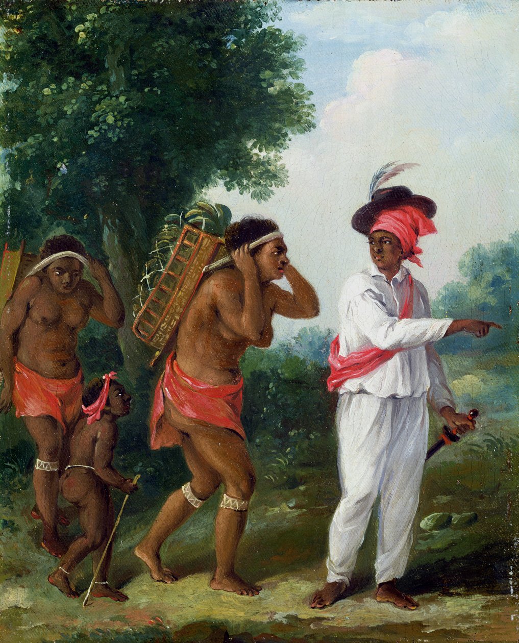 West-Indische man van kleur, die twee Caribische vrouwen met een kind aanstuurt, ca. 1780 door Agostino Brunias
