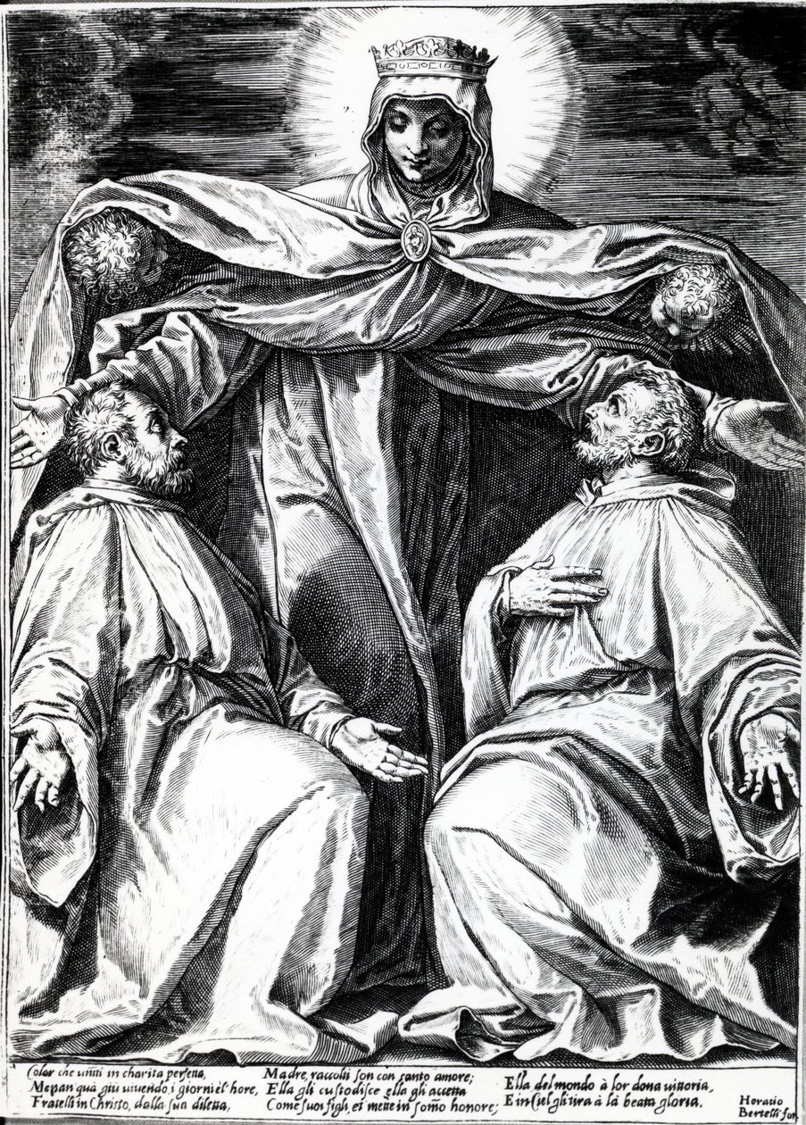 Madonna beschermt twee leden van een broederschap, gedrukt door Horatio Bertelli, 1582 (gravure) door Agostino Carracci