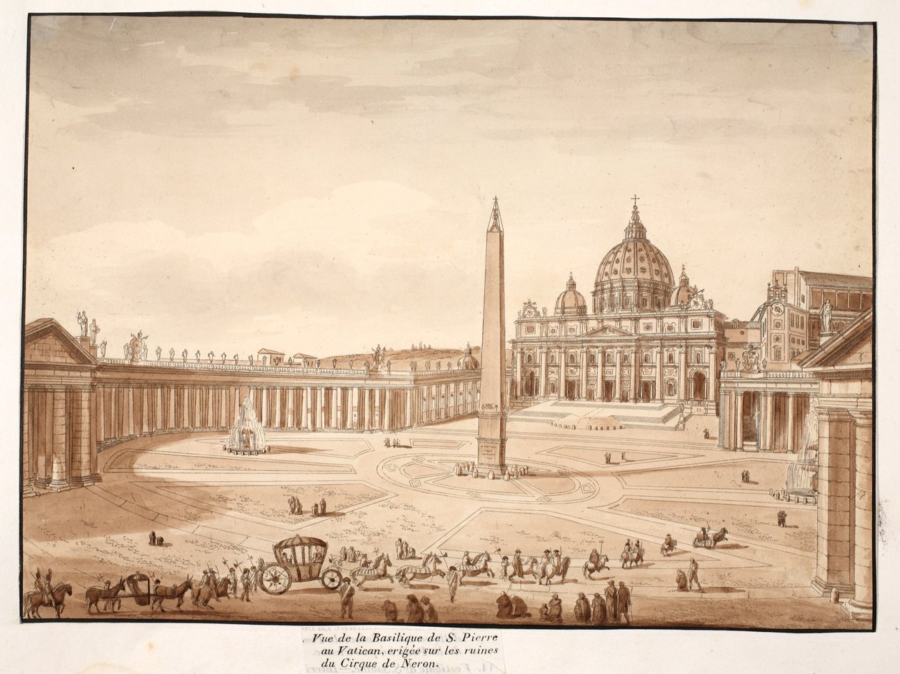 Uitzicht op de Sint-Pietersbasiliek in het Vaticaan, gebouwd op de ruïnes van het Circus van Nero, 1833 door Agostino Tofanelli