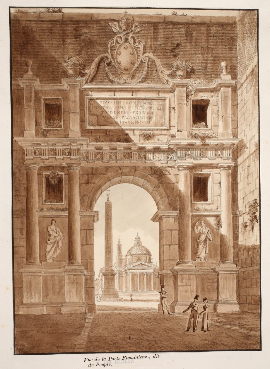 Uitzicht op de Porta Flaminia, of Porta del Popolo, 1833 door Agostino Tofanelli