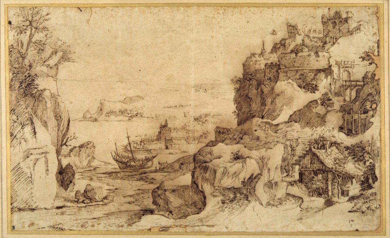Neerwaarts uitzicht op een versterkte haven door Agostino (attr. to) Carracci