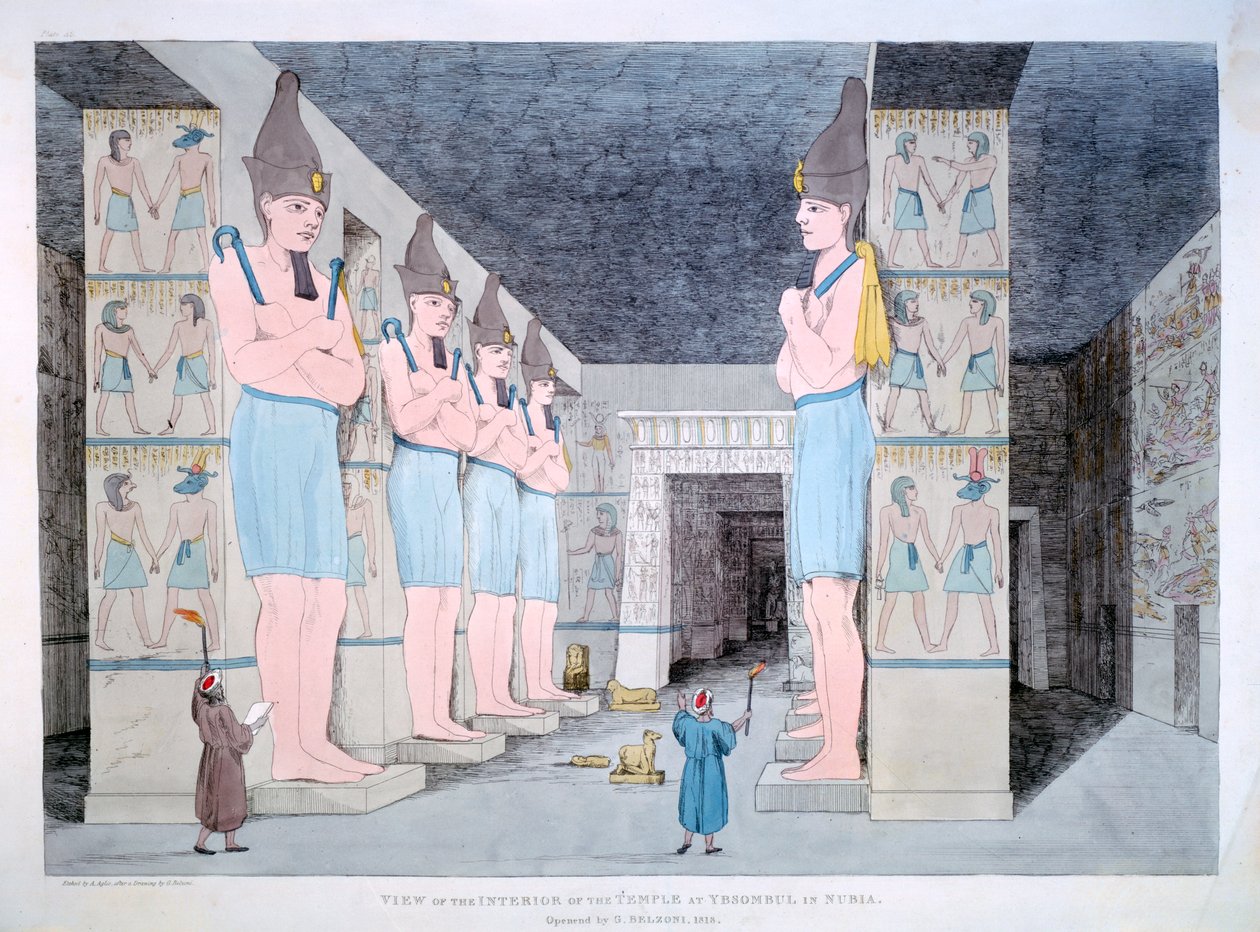 Het interieur van de tempel in Ybsombul in Nubië door Agostino Aglio