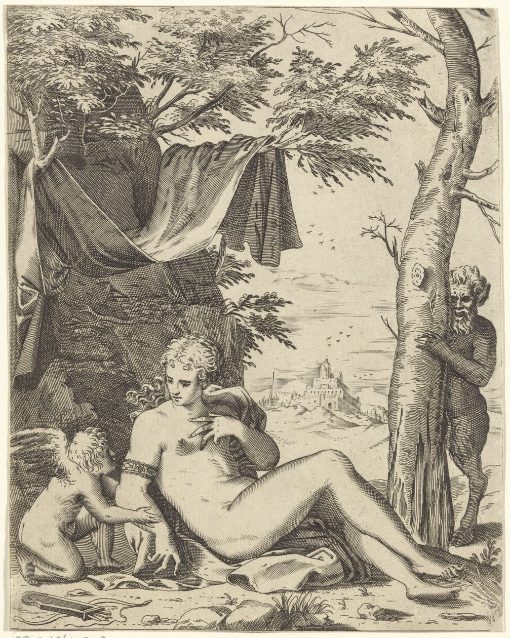 Venus, Amor en sater door Agostino Carracci (attributed to)