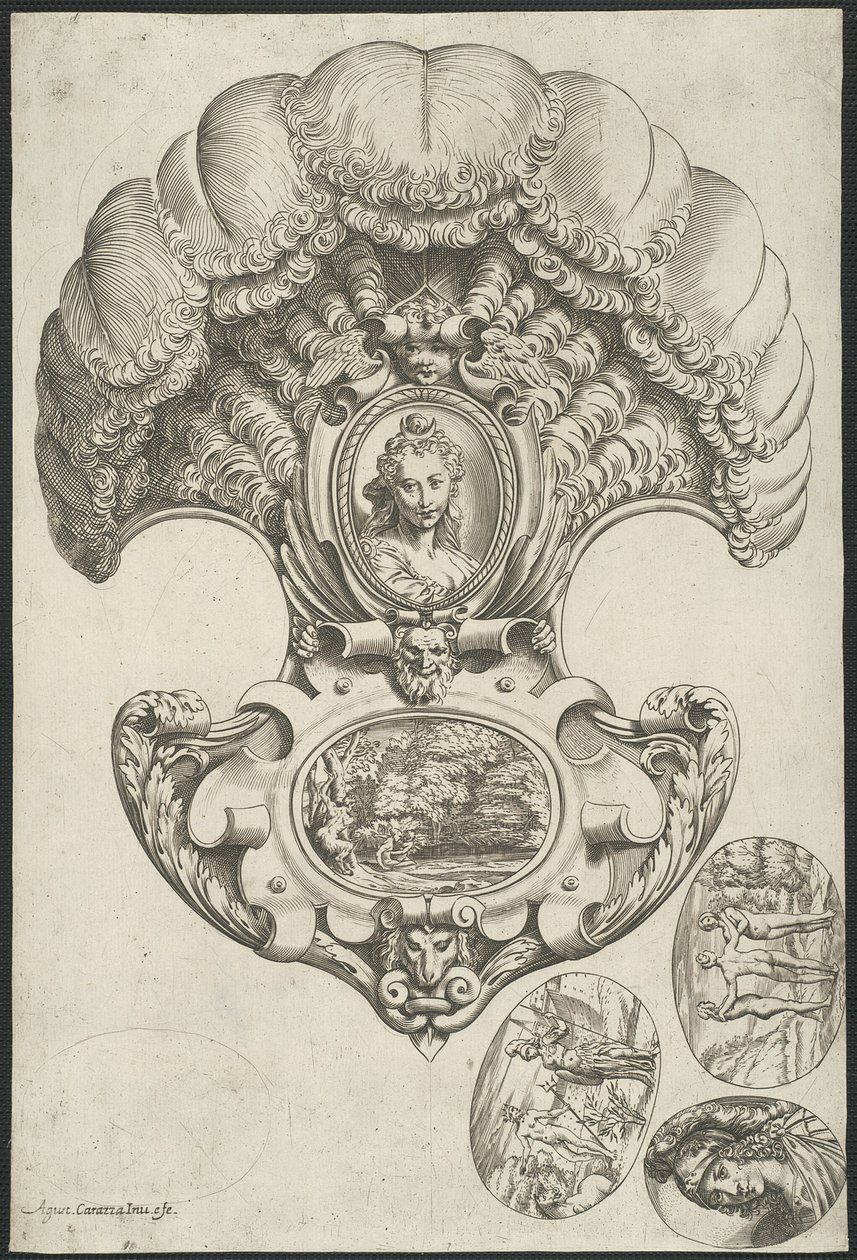 Een hoofdtooi in de vorm van een waaier door Agostino Carracci