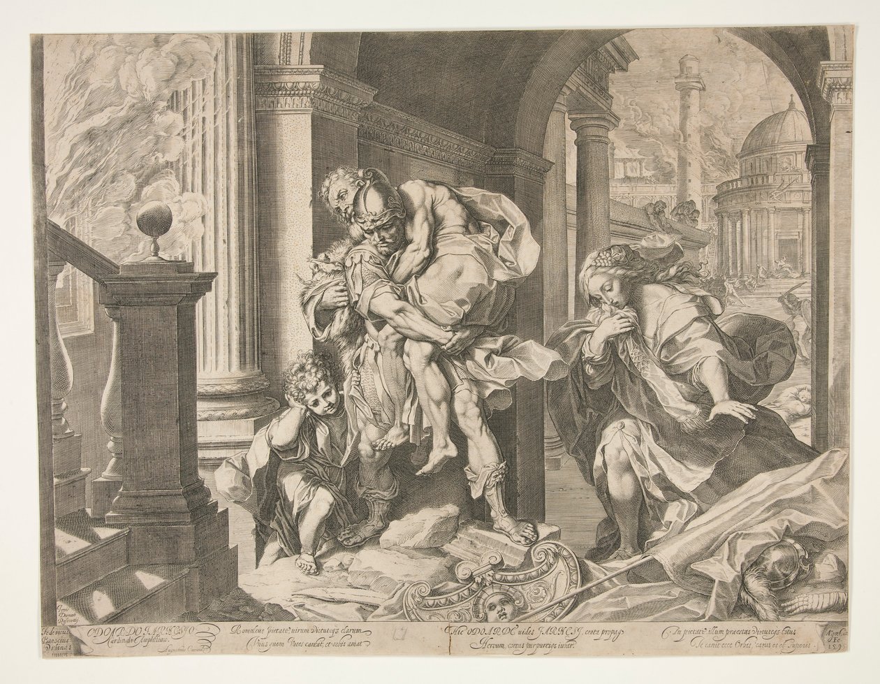 Aeneas en zijn familie vluchten uit Troje door Agostino Carracci
