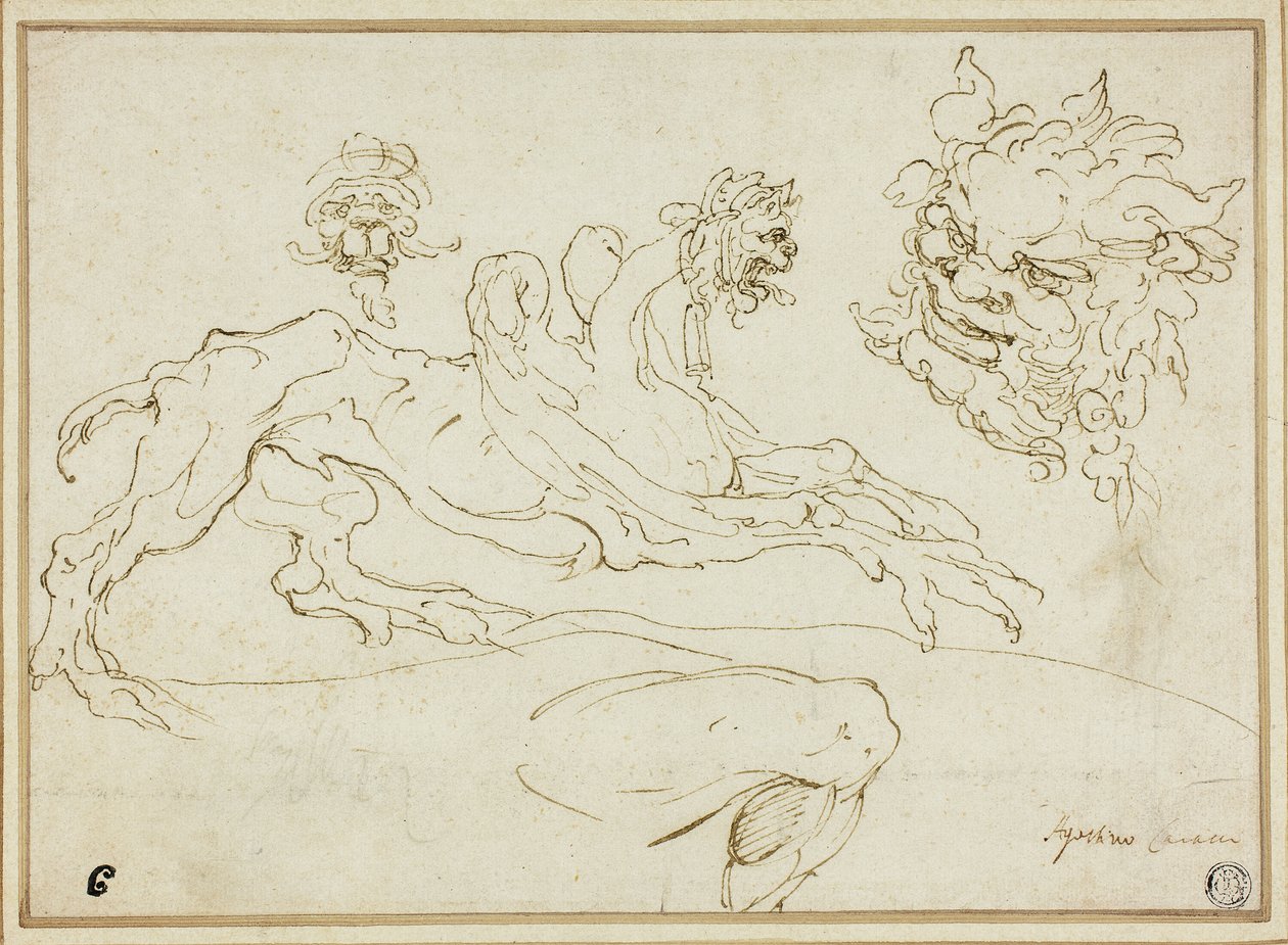 Vier schetsen: Griffioen, grotesk hoofd, hoofd van een sater, gebogen been door Agostino Carracci