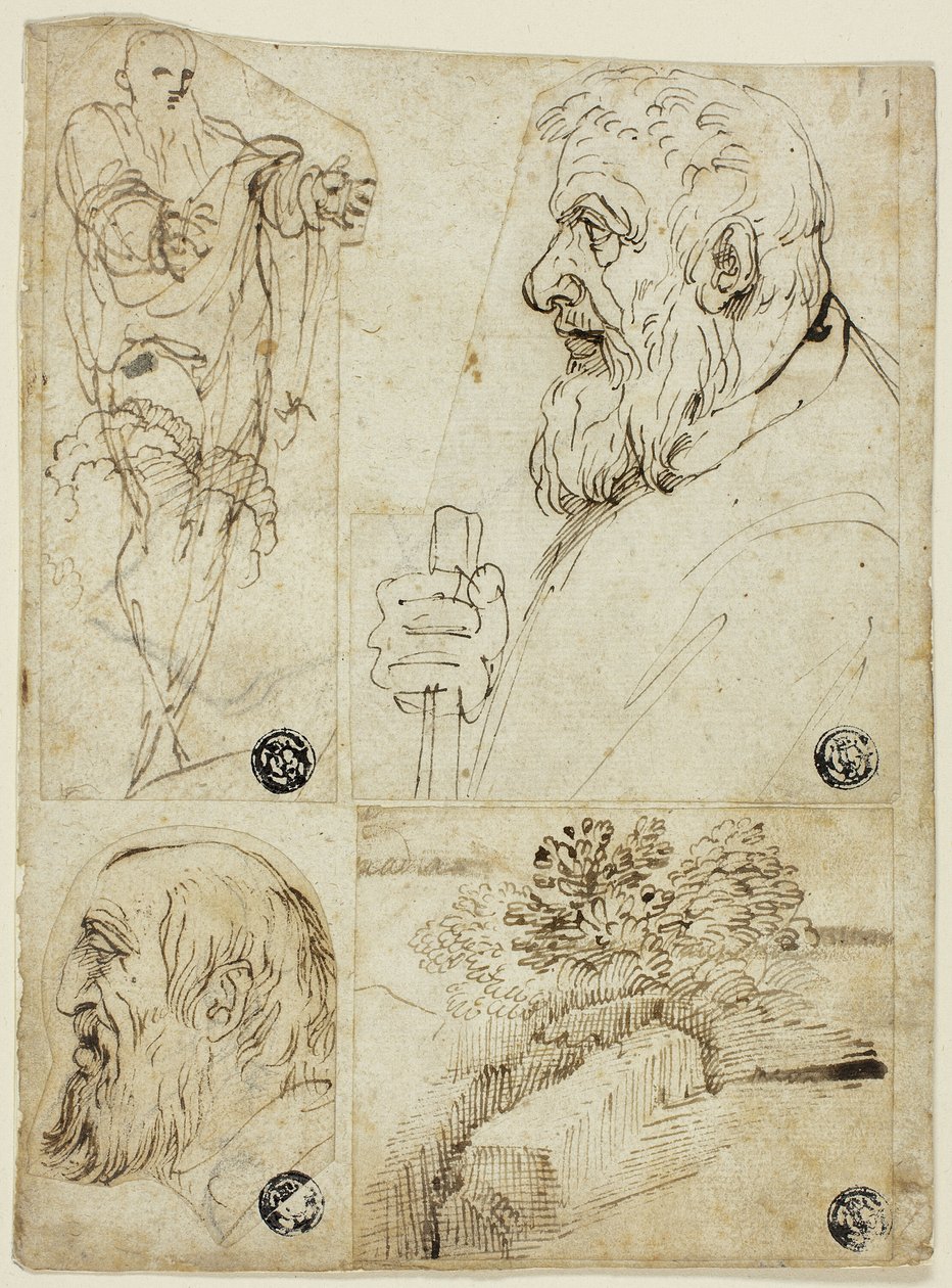 Vier schetsen: Staande mannelijke figuur; profielbuste van man met baard; profielkop van man met baard; landschap door Agostino Carracci