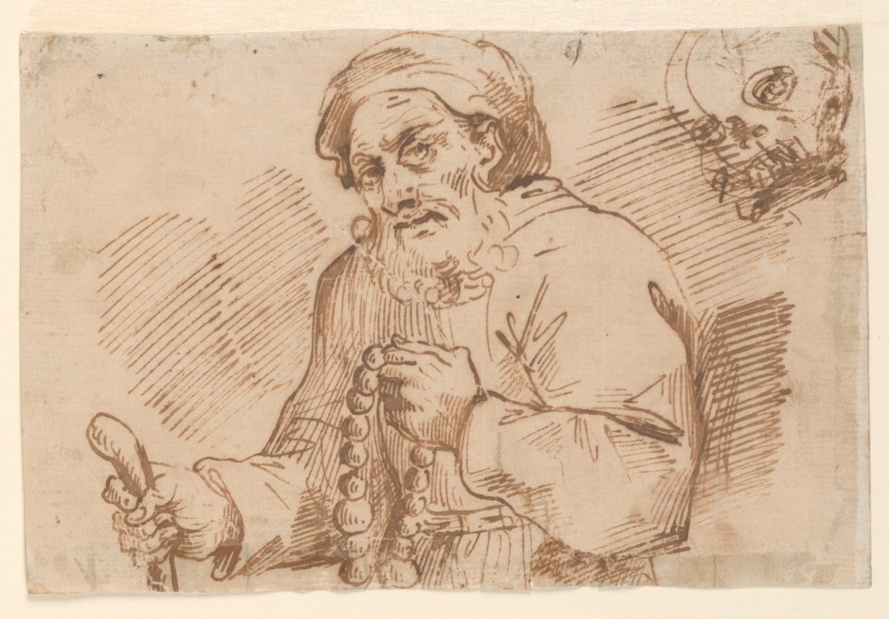 Halflange schets van een bejaarde pelgrim door Agostino Carracci