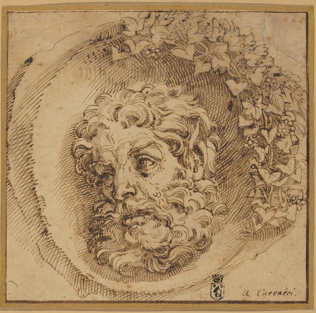 Hoofd van een faun in een concave rondel door Agostino Carracci