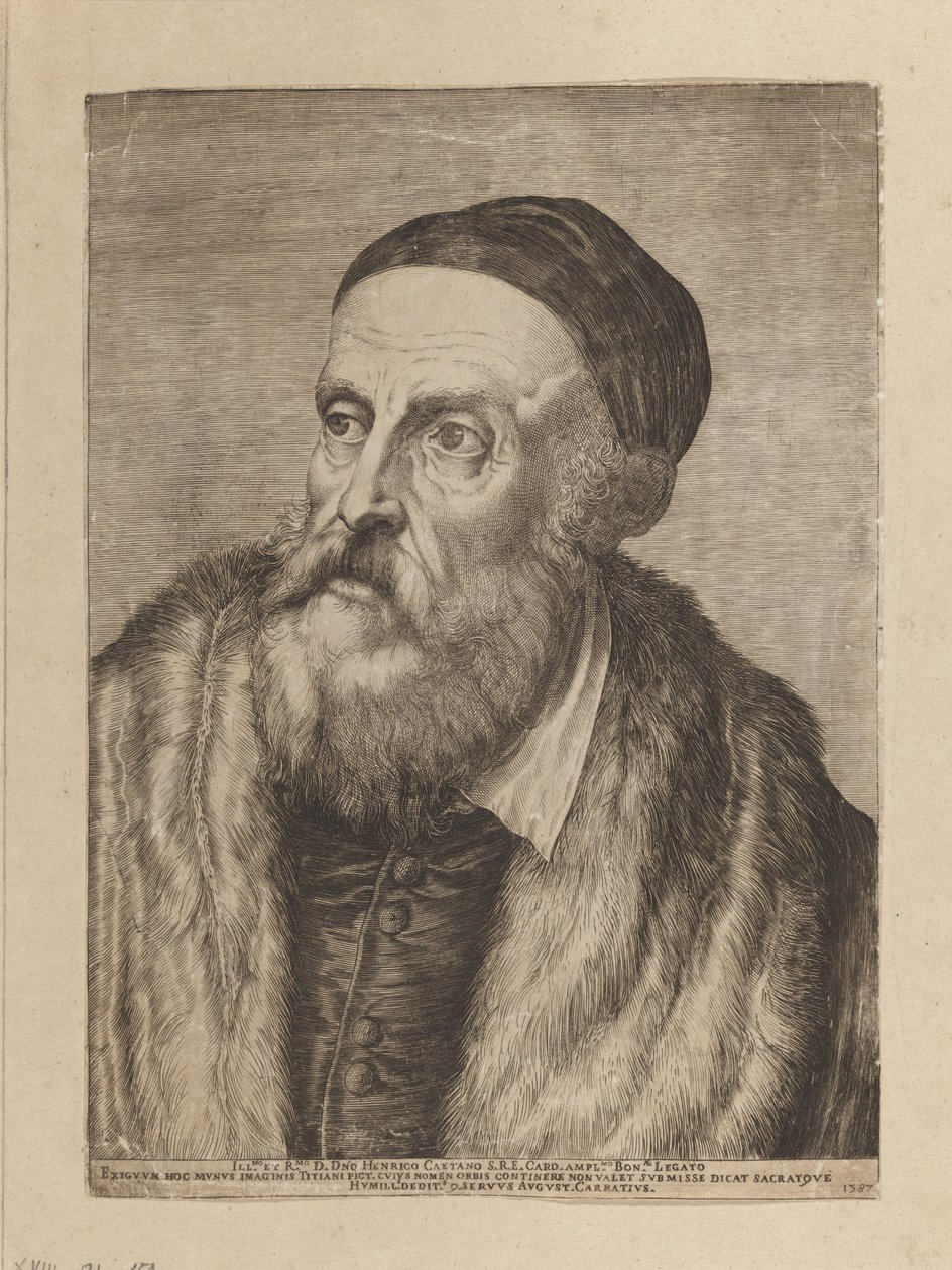 Portret van schilder Titiaan door Agostino Carracci