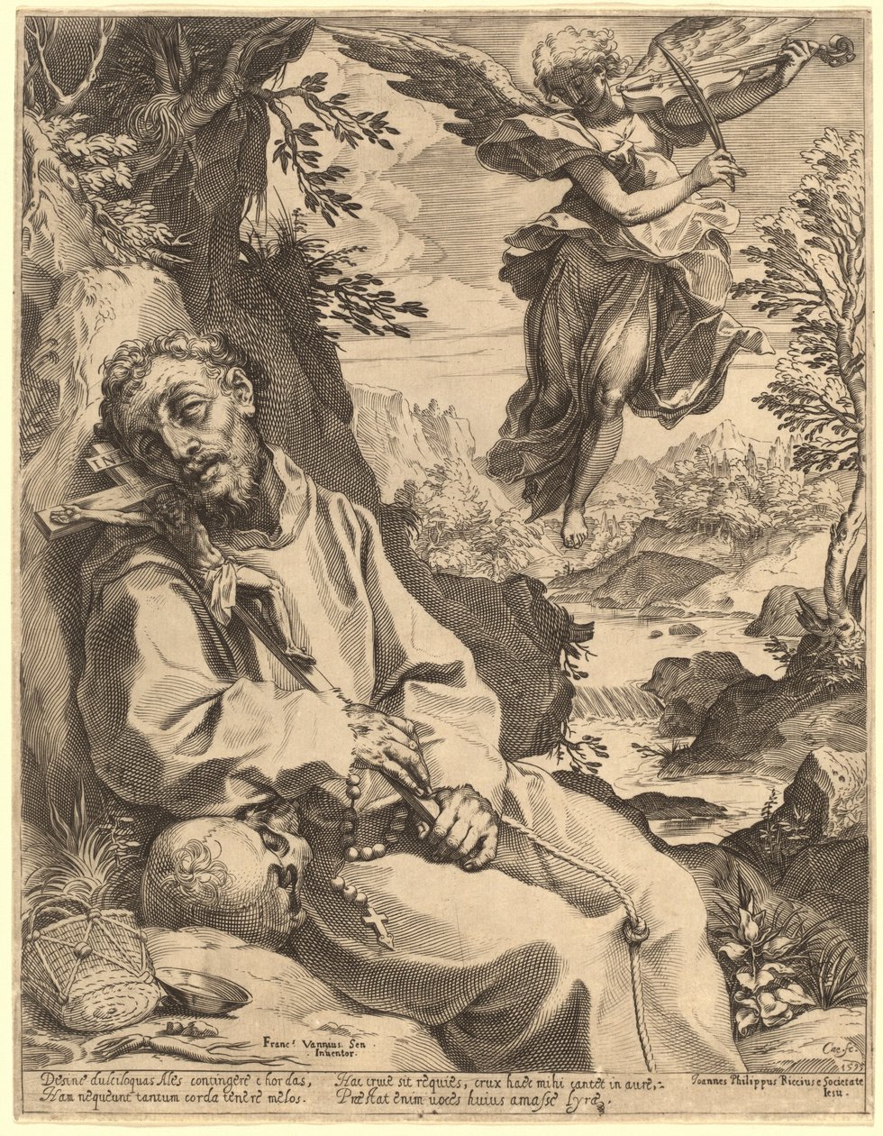 De heilige Franciscus getroost door de musicerende engel door Agostino Carracci