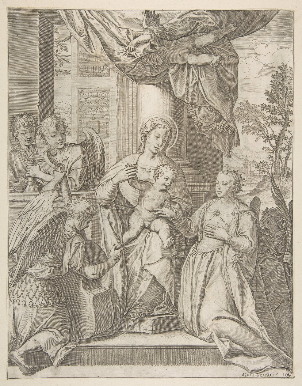 Het Mystieke Huwelijk van Sint Catharina met het Christuskind en Engelen door Agostino Carracci