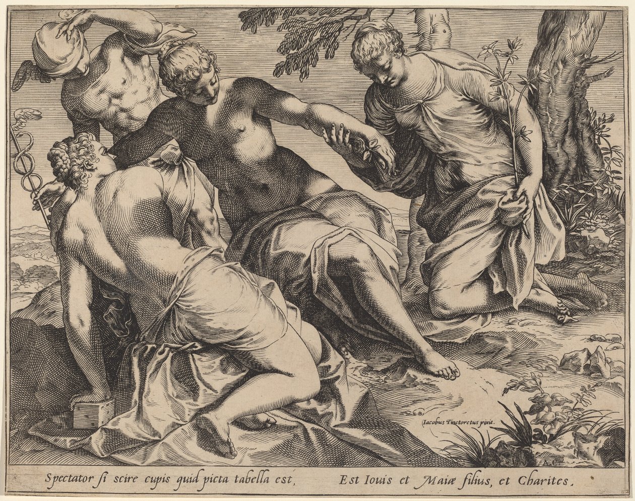 Mercurius en de drie Gratiën door Agostino Carracci after Jacopo Tintoretto