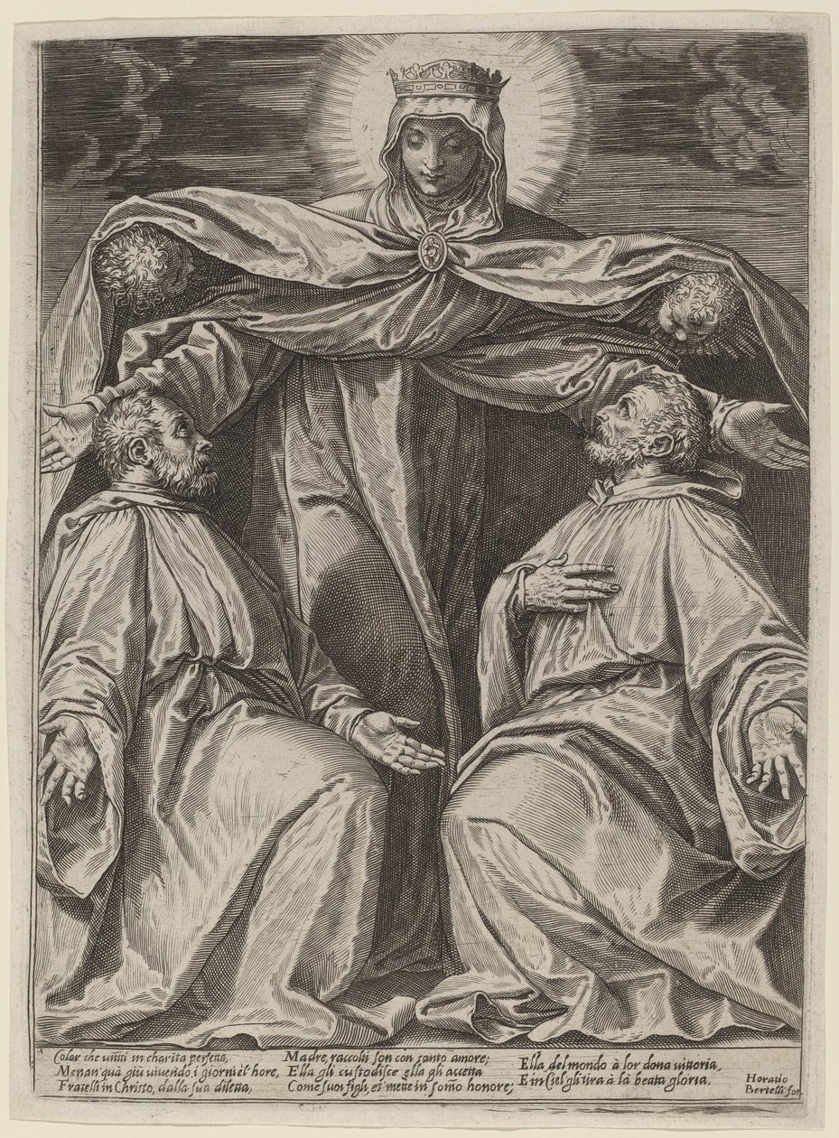 De Madonna die twee leden van een broederschap beschermt door Agostino Carracci after Veronese