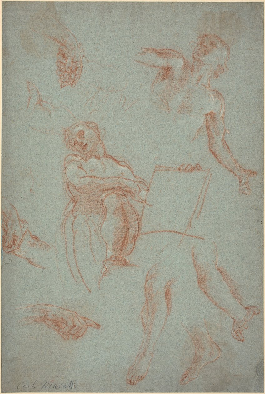 Blad met studies van figuren, handen en voeten door Agostino Masucci