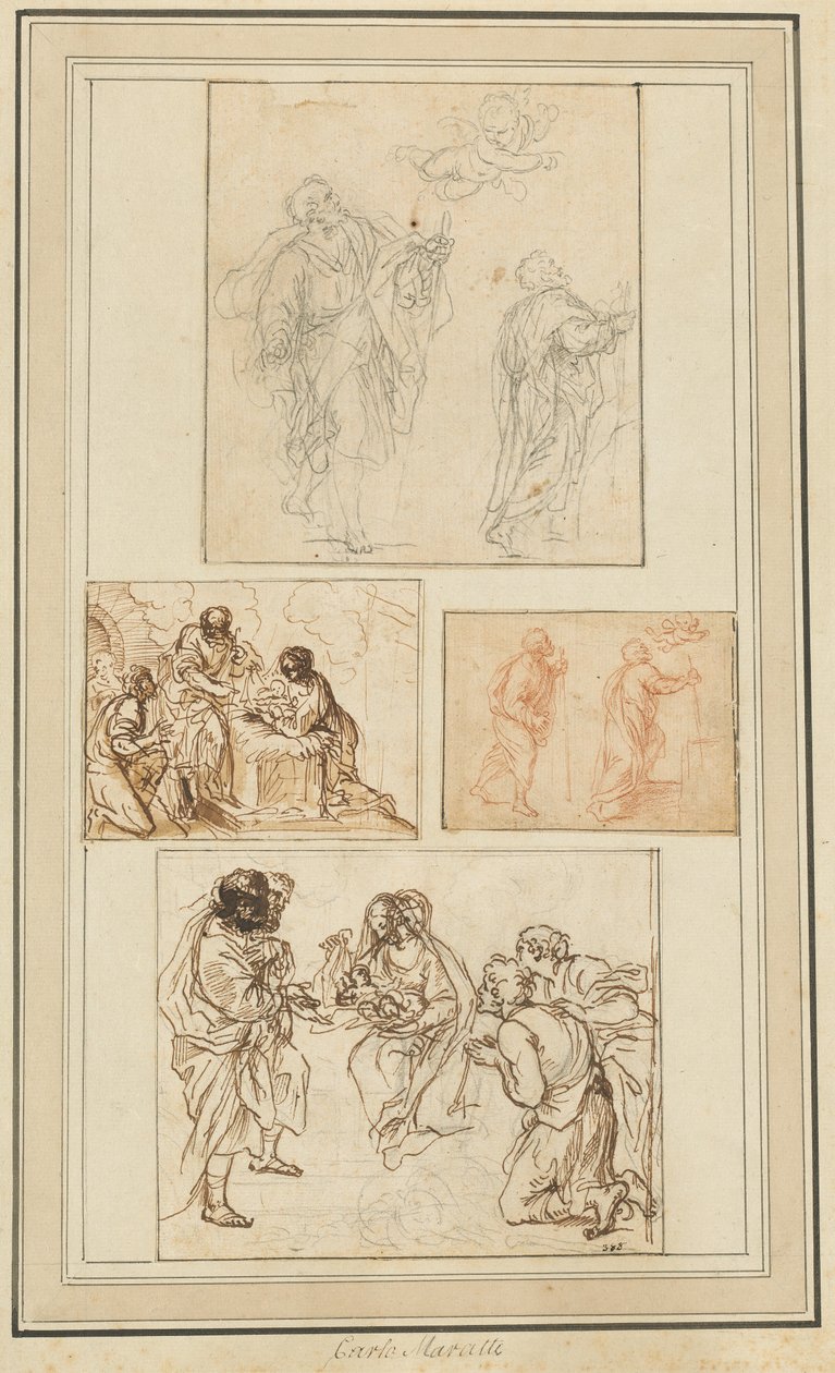 Studies van een Apostel Geleid door een Engel en de Aanbidding van de Herders door Agostino Masucci