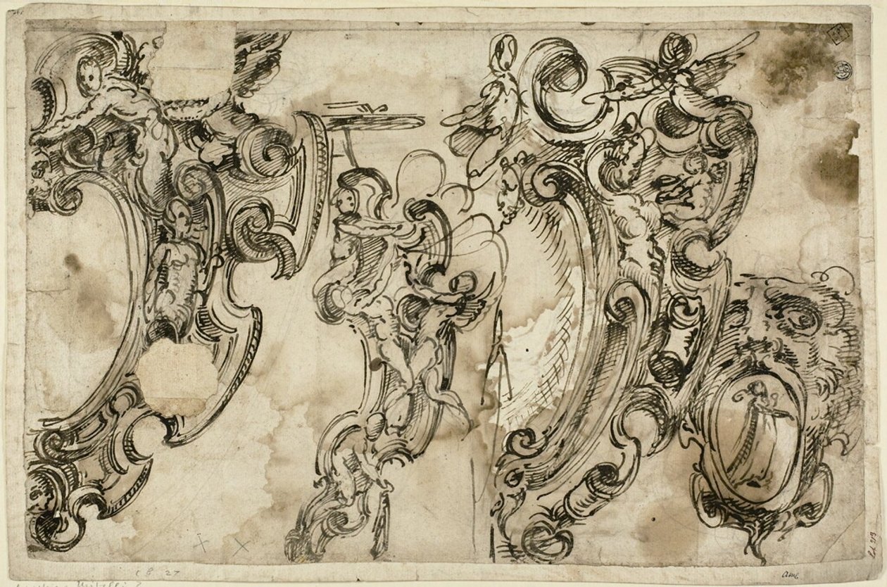 Schetsen van decoratieve motieven (recto); Schets van decoratief motief (verso) door Agostino Mitelli
