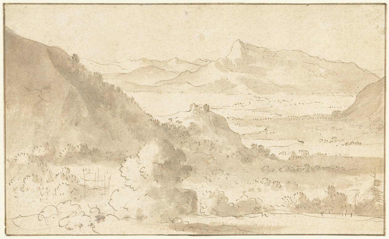 Berglandschap met een meer en een kasteel door Agostino Tassi (possibly)