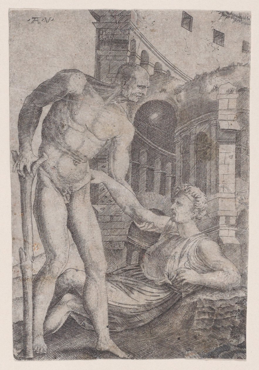 Een man helpt een ander op de been, ca. 1514-1536 door Agostino Veneziano