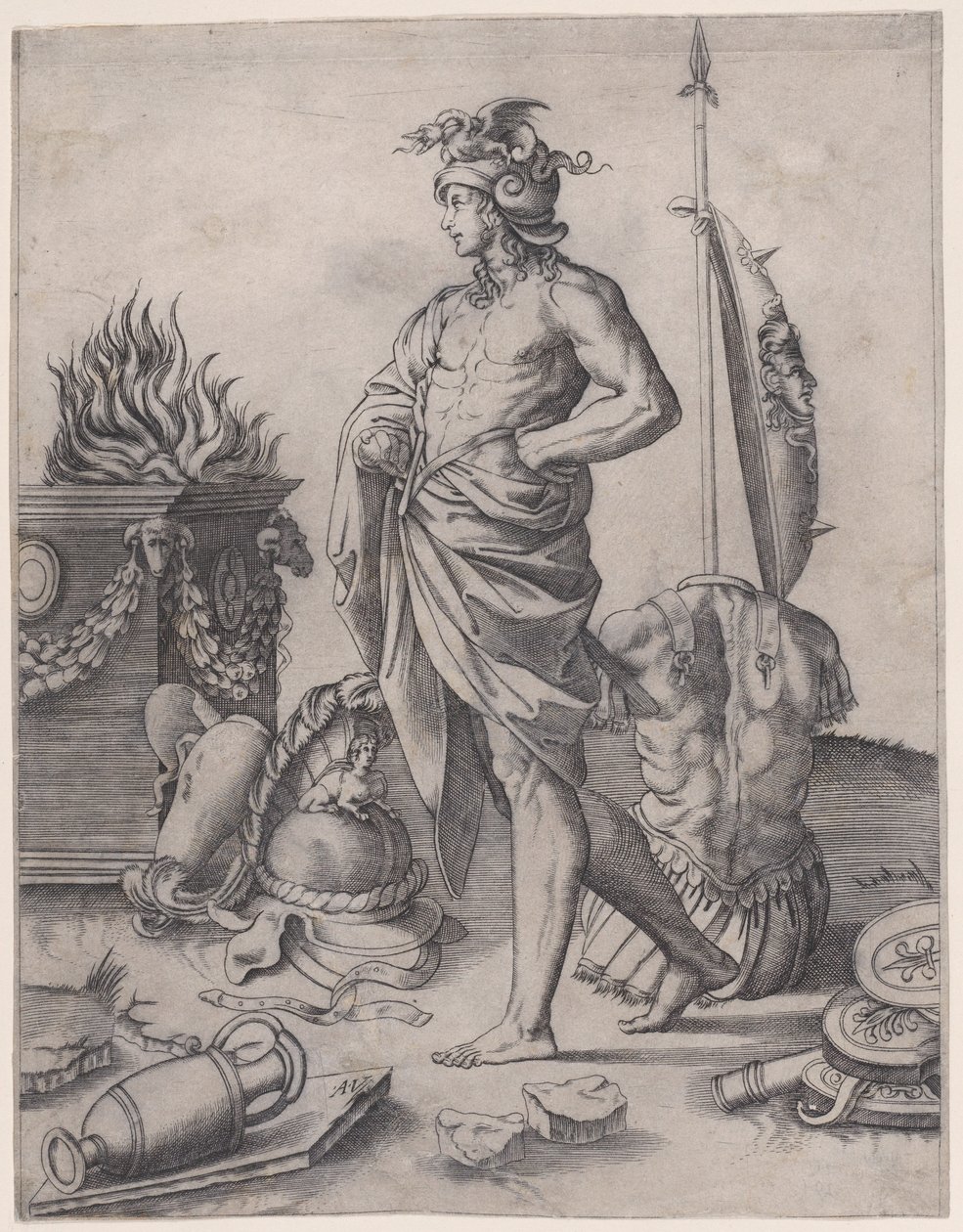 Een jonge held bij een altaar, ca. 1514-36 door Agostino Veneziano