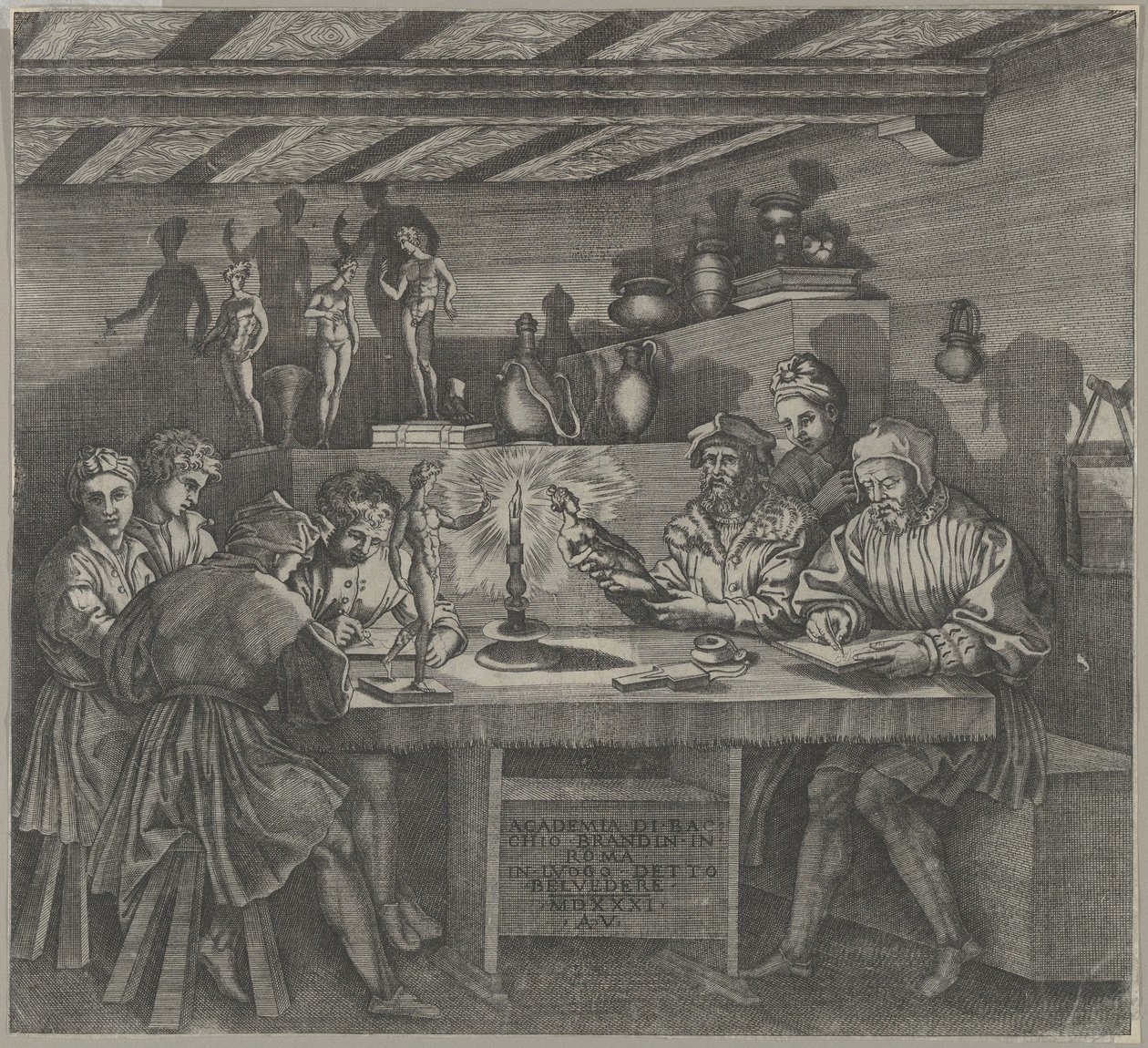 Baccio Bandinelli in zijn studio met een beeldje van Venus, studenten schetsen van een model, 1531 door Agostino Veneziano