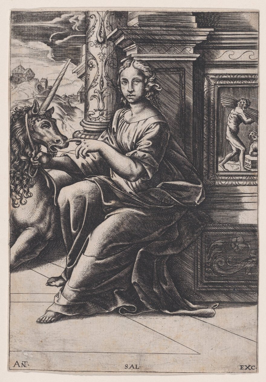 Kuisheid, een zittende vrouw, een eenhoorn aan haar rechterkant, ca. 1515-30 door Agostino Veneziano
