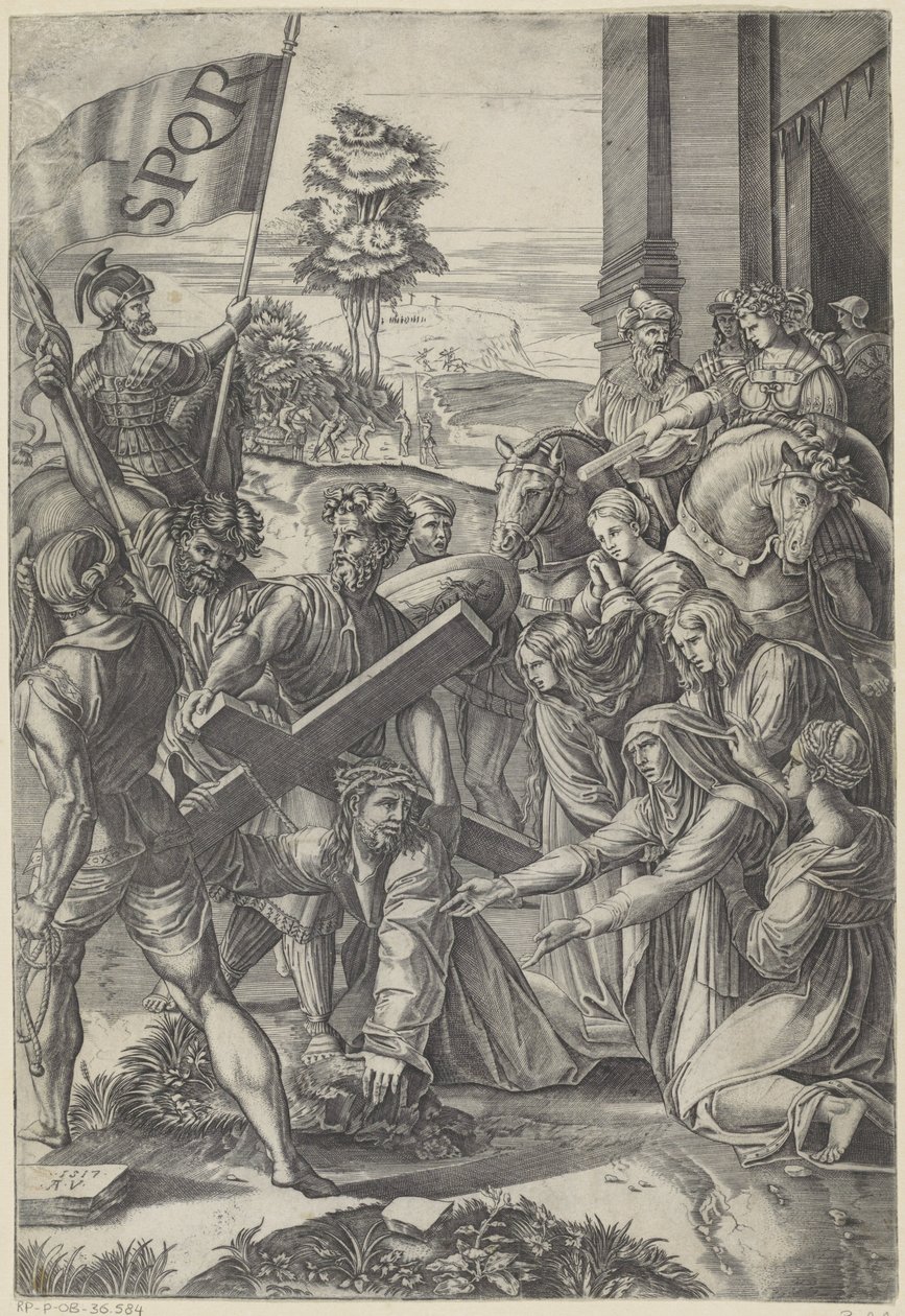 Christus bezwijkt onder het gewicht van het kruis door Agostino Veneziano