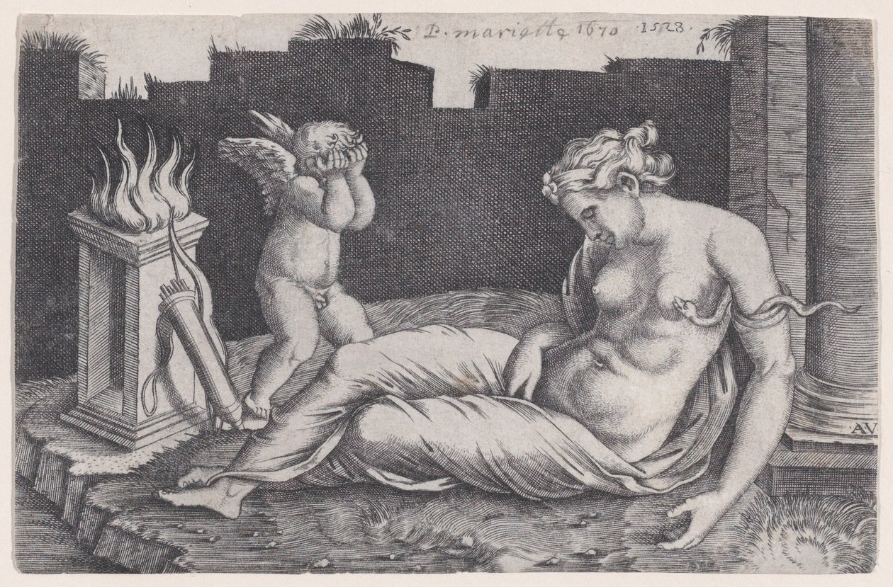 Cleopatra, gedateerd 1528 door Agostino Veneziano