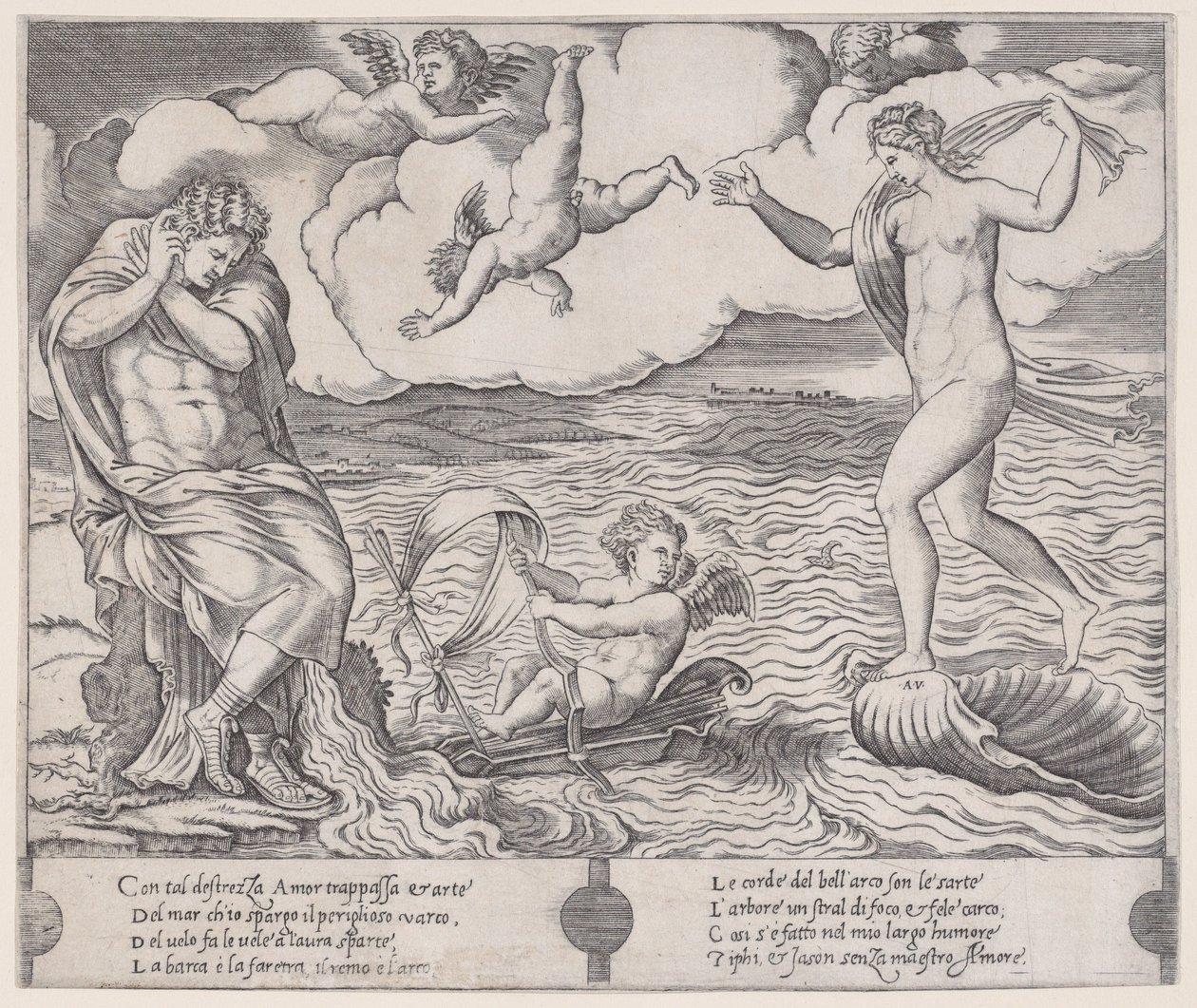 Eros in de zee, ca. 1514-36 door Agostino Veneziano