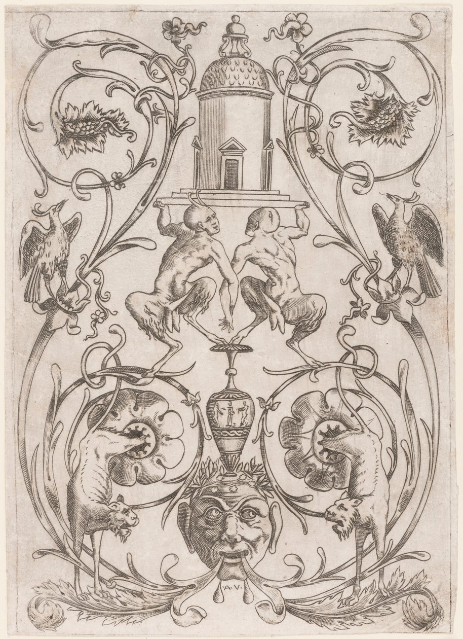 Grof Ornament met Satyrs, uit een set van twintig ornamentpanelen door Agostino Veneziano