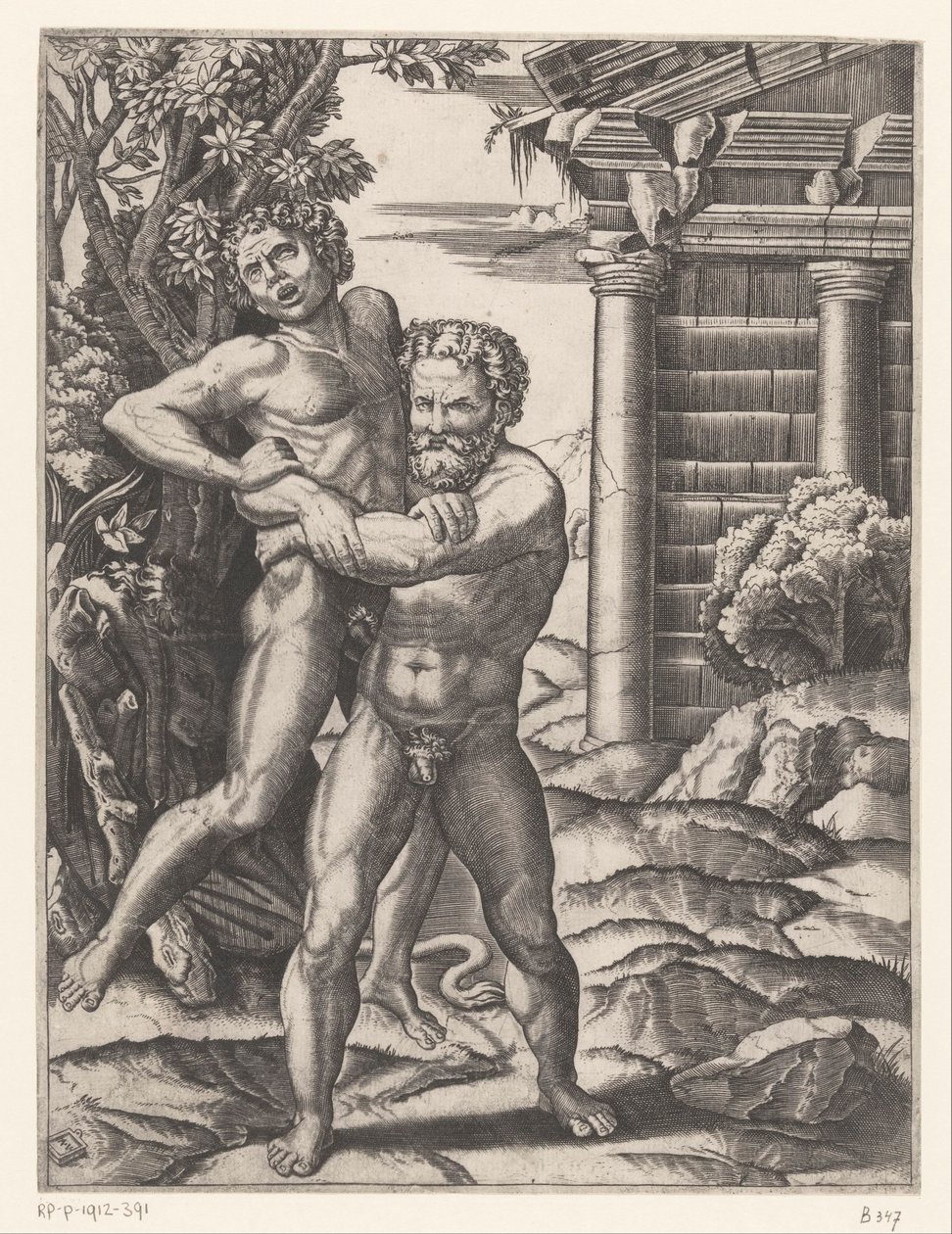 Hercules worstelt met Antaeus door Agostino Veneziano