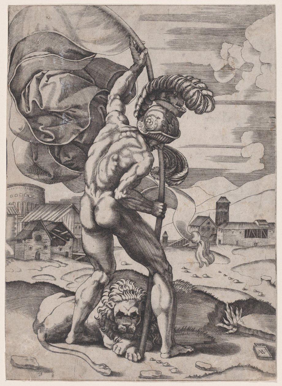 Man met een vlag door Agostino Veneziano