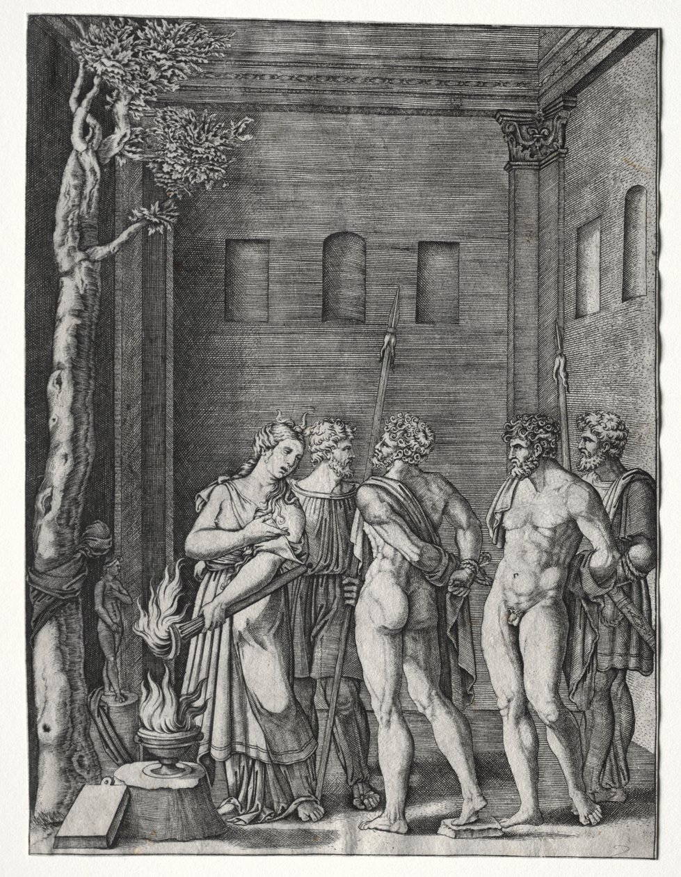 Orestes en Pylades gebracht naar Iphigenia voor offer door Agostino Veneziano