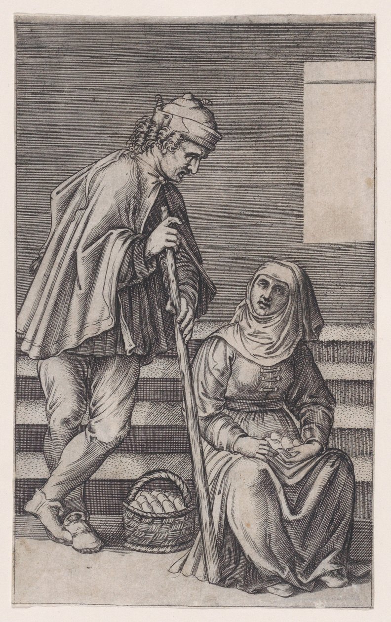 Boer en een vrouw met eieren, ca. 1514-36 door Agostino Veneziano