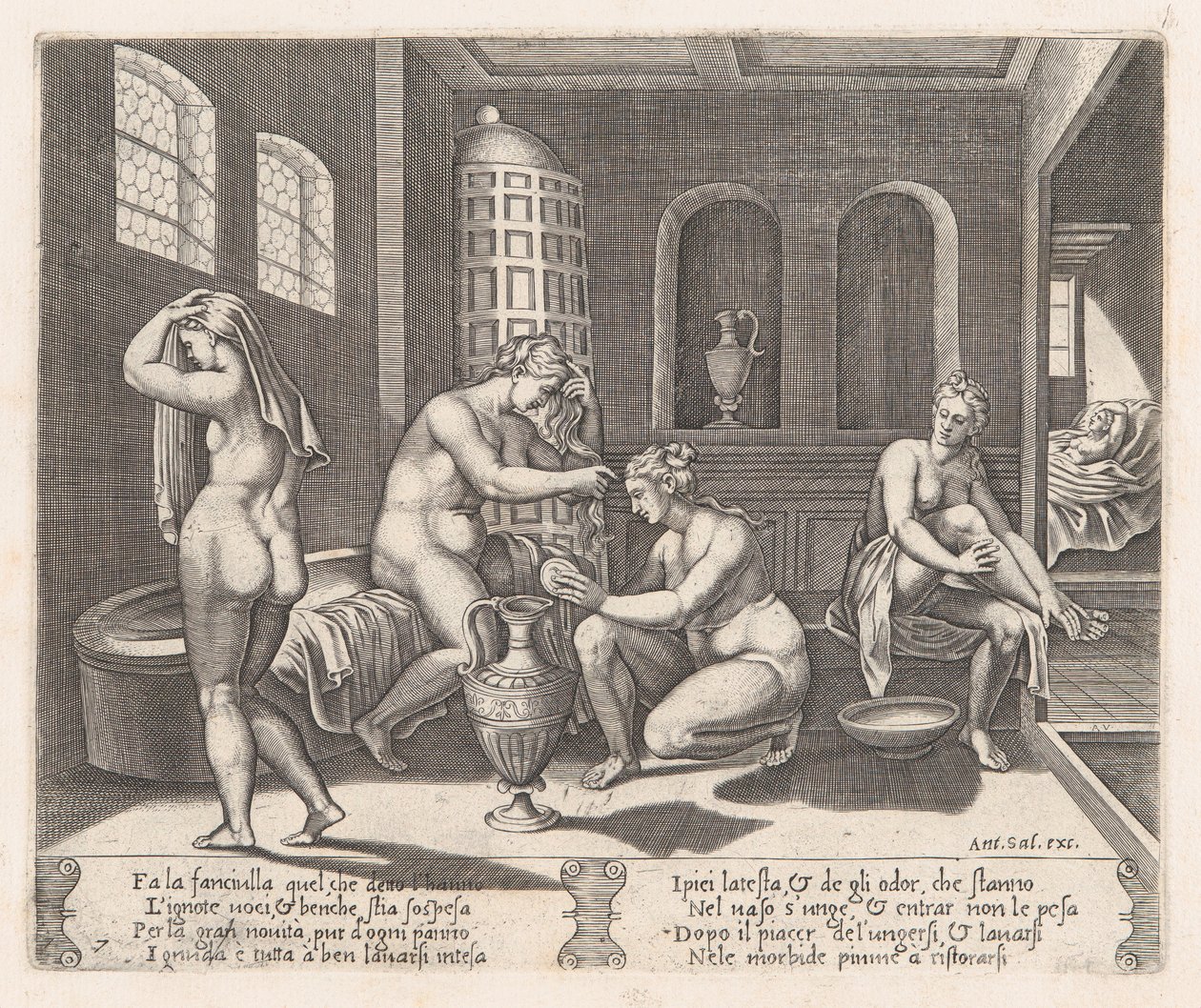 Psyche bediend in haar bad, uit het verhaal van Cupido en Psyche zoals verteld door Apuleius, 1530-1560 door Agostino Veneziano
