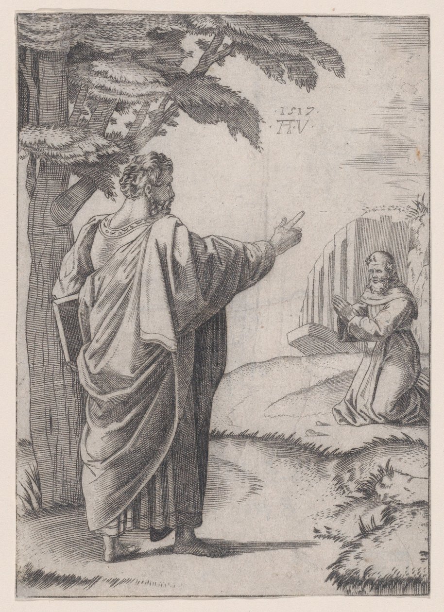 Sint Paulus en de Franciscaanse monnik door Agostino Veneziano