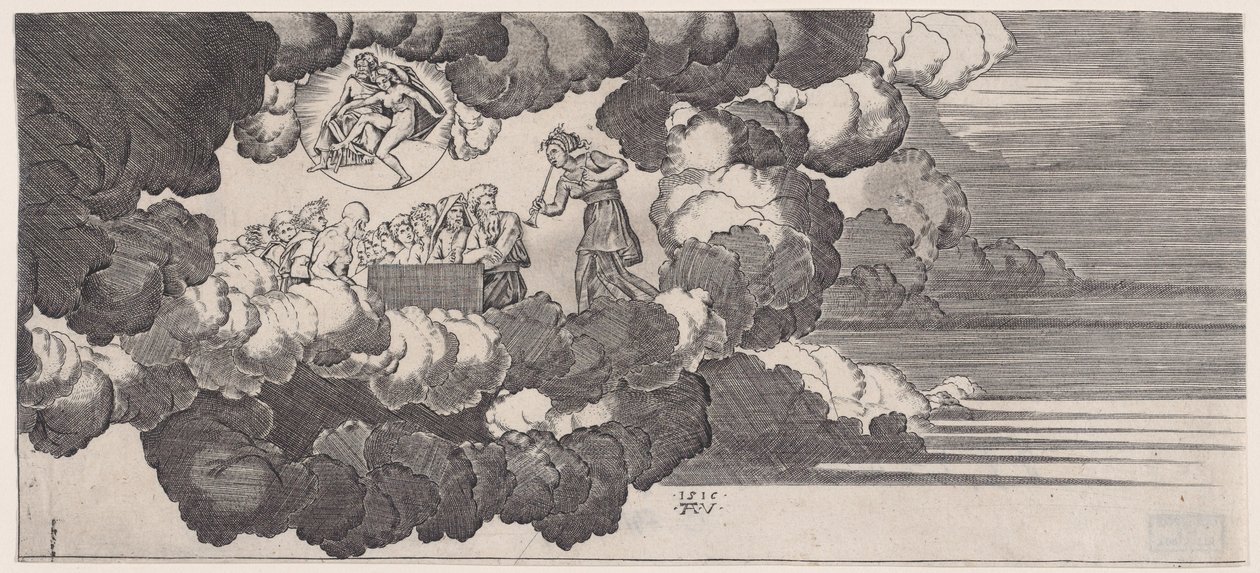 Het nieuws gebracht naar Olympus, gedateerd 1516 door Agostino Veneziano