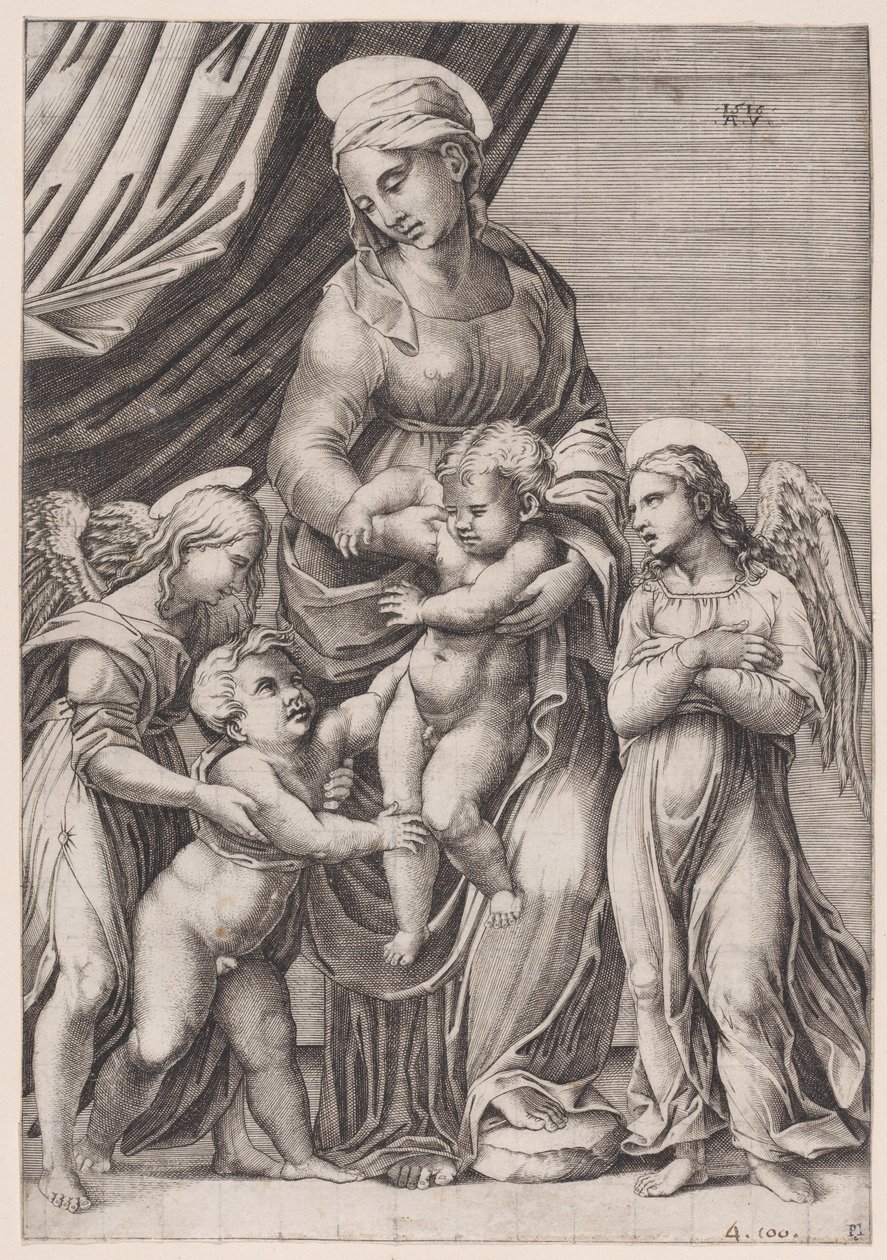 De Maagd, het Christuskind, de jonge Johannes en twee engelen, gedateerd 1516 door Agostino Veneziano