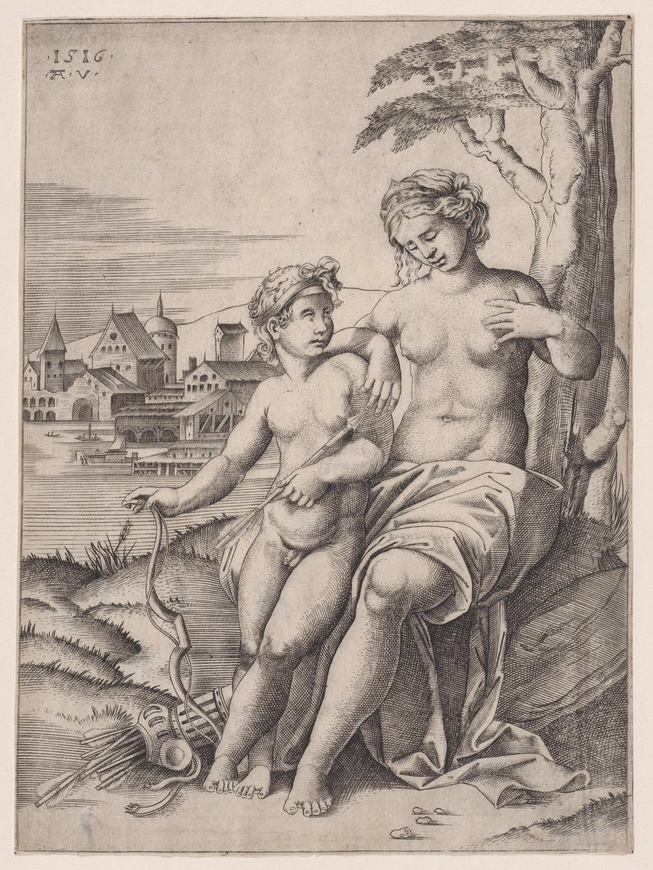 Venus en Eros, gedateerd 1516 door Agostino Veneziano