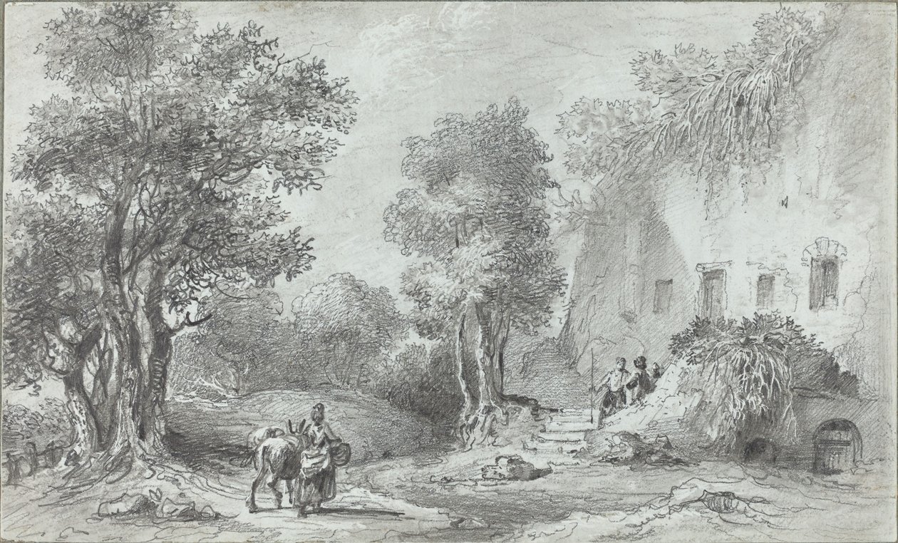 Landschap met Boeren voor een Herberg door Aignan Thomas Desfriches