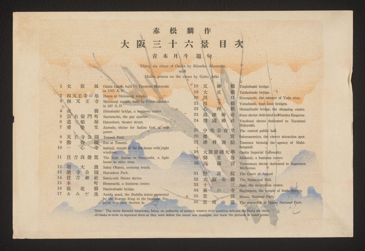 Inhoudsopgave (Zesendertig gezichten van Osaka) door Akamatsu Rinsaku