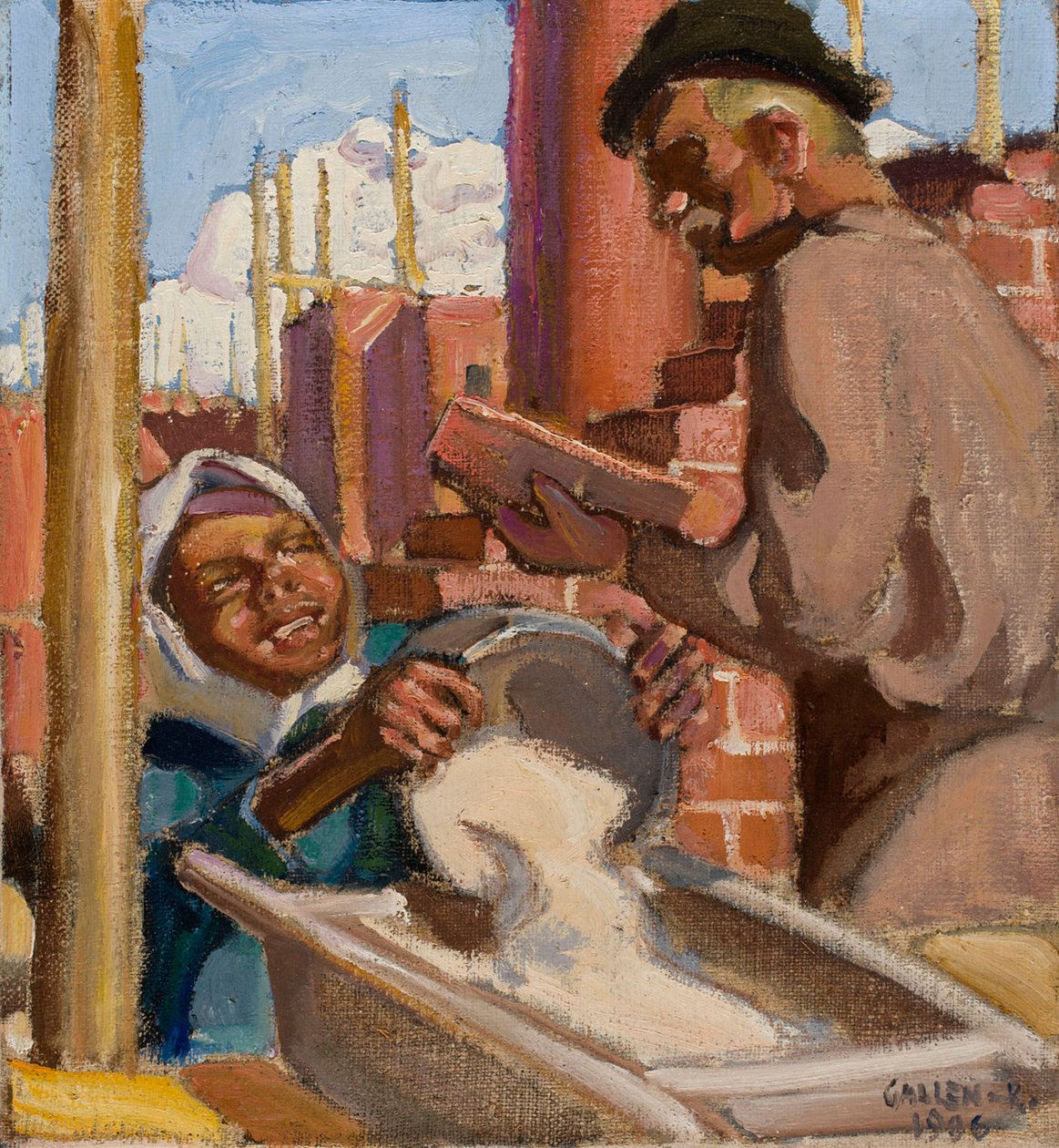 Op een bouwplaats door Akseli Gallen-Kallela