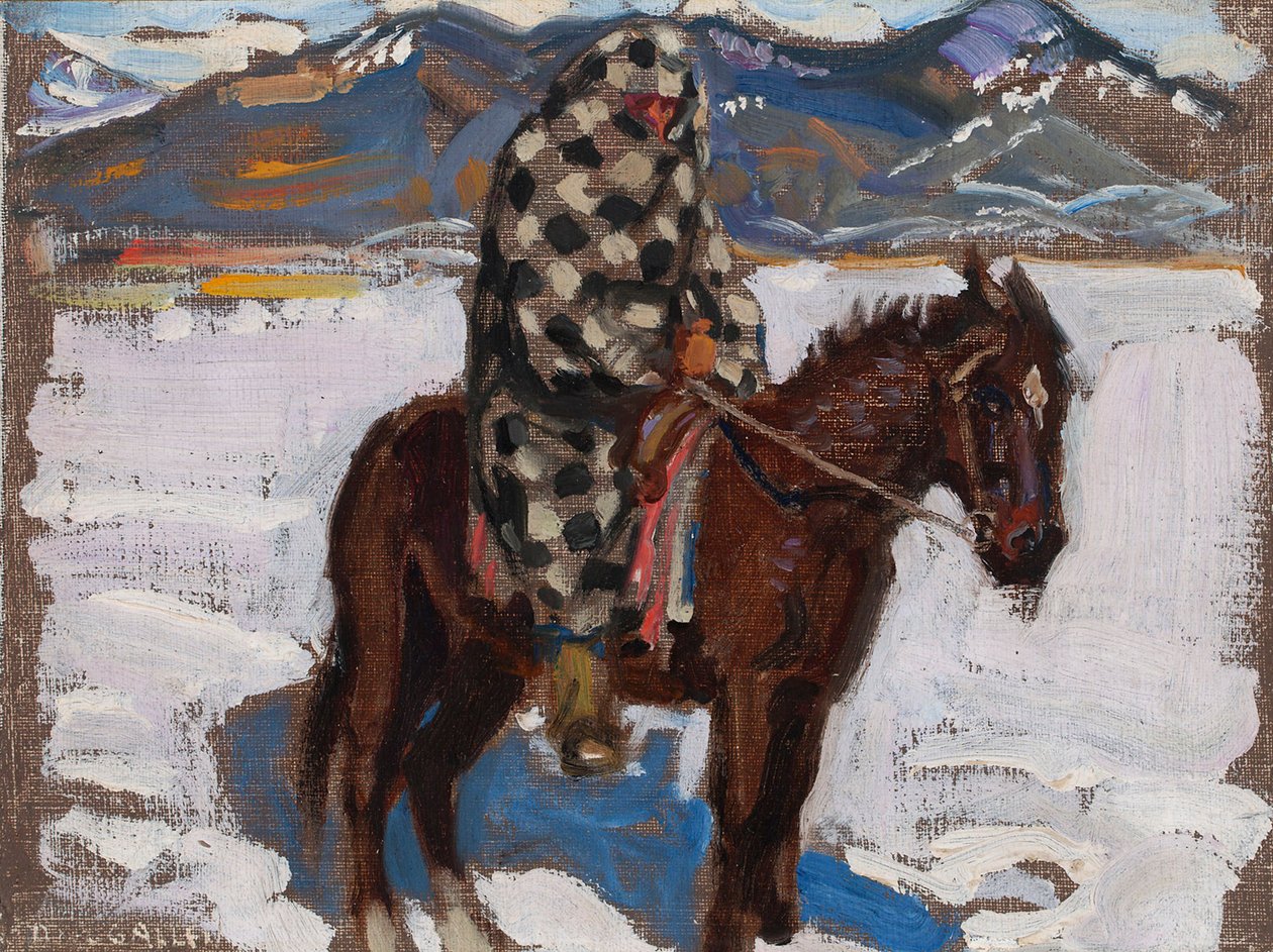 Inheemse Amerikaan te paard in de sneeuw door Akseli Gallen-Kallela