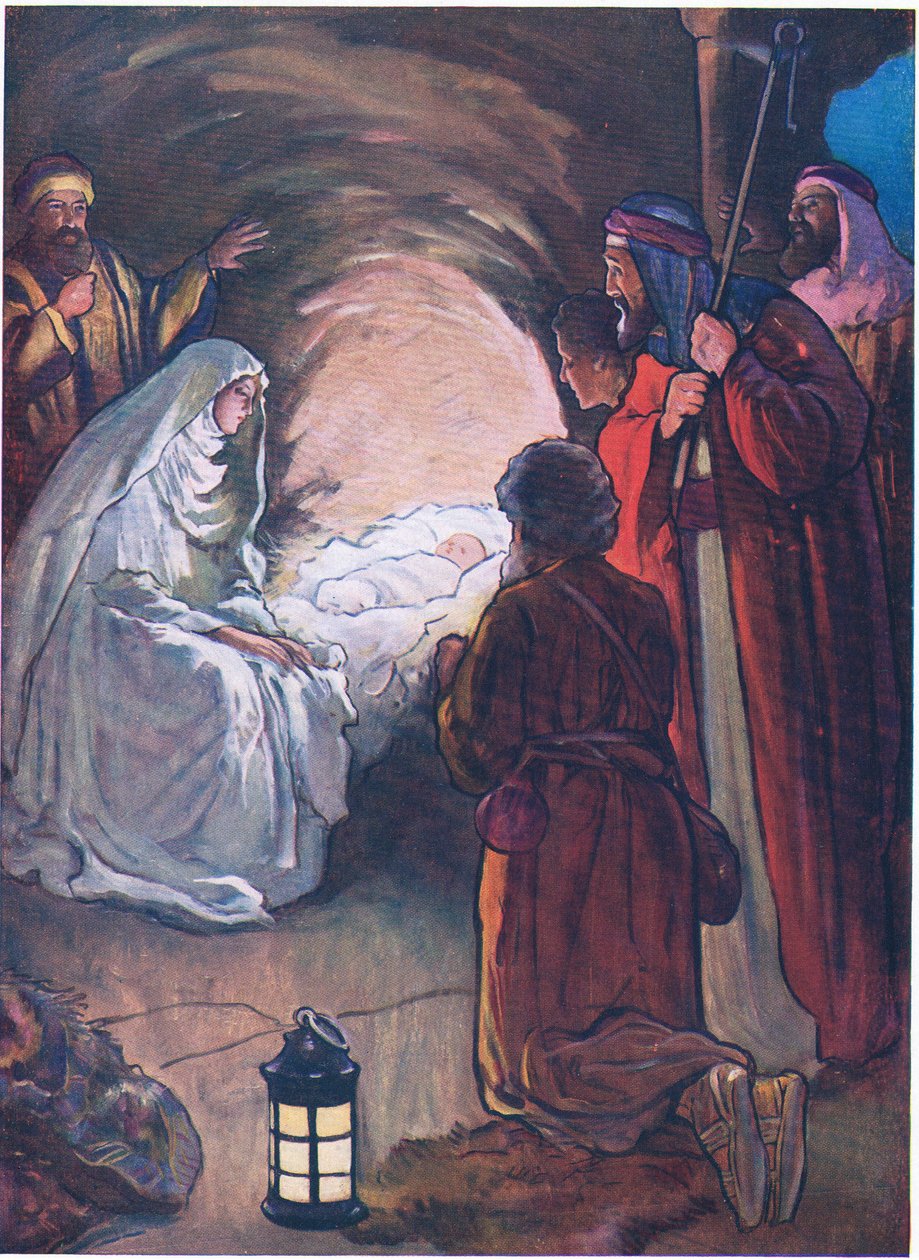Het kindje Jezus en de herders, uit The Bible Picture Book uitgegeven door Thomas Nelson, ca 1950 (kleurenlitho) door Alan & Stokes George Vernon (1873 1954) Wright