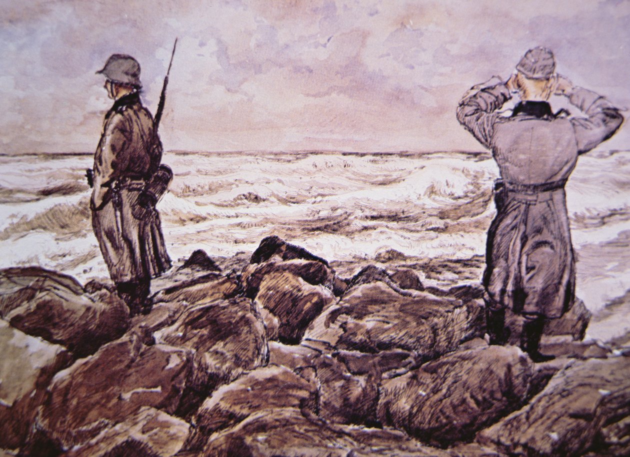 Twee Duitsers aan de kust van Frankrijk kijken naar Engeland aan de vooravond van de Normandië-campagne door Alban (after) Wolf
