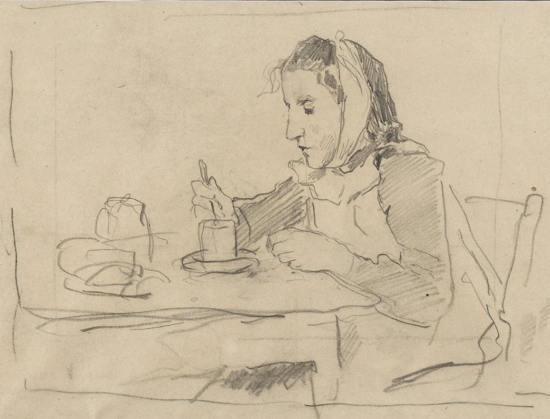 Aan tafel zittend meisje met kopje door Albert Anker