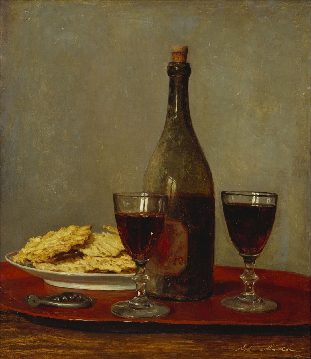 Stilleven met twee glazen rode wijn door Albert Anker