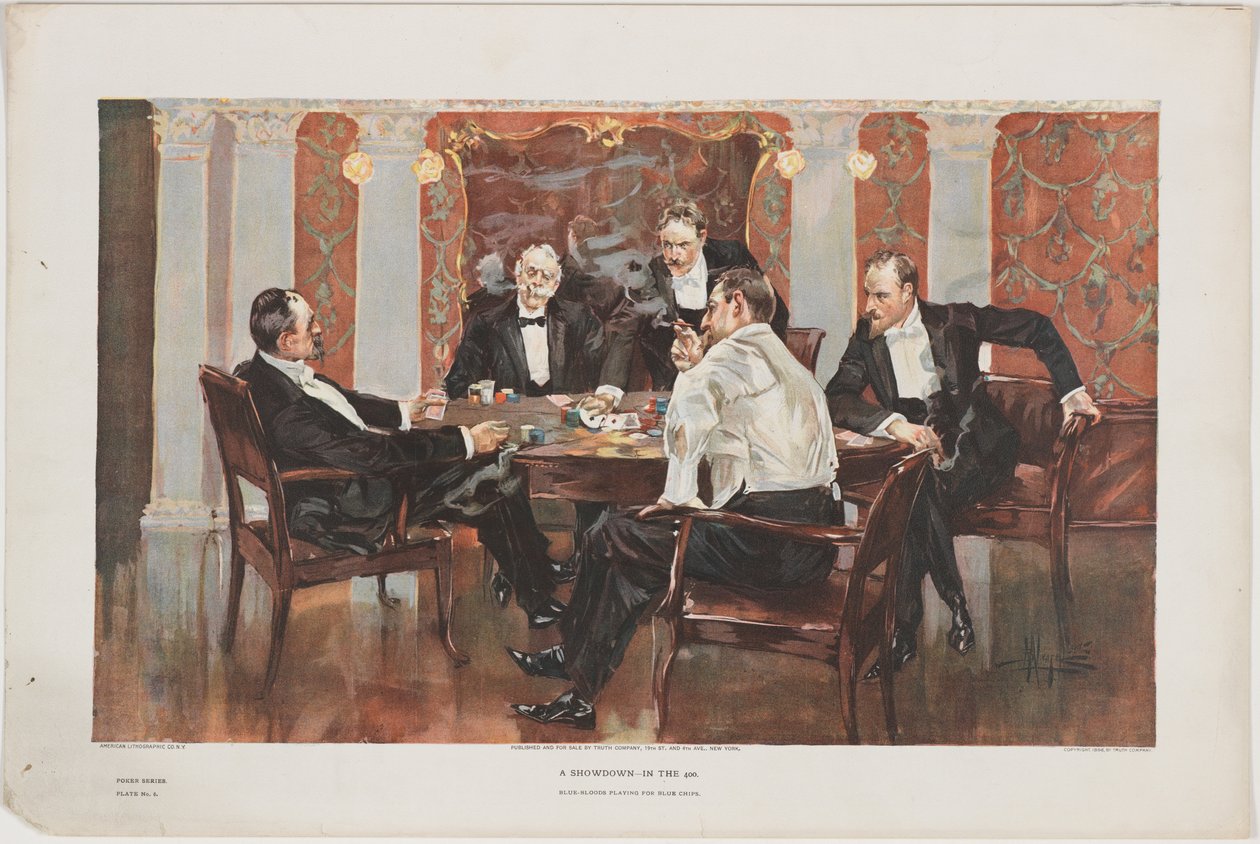 Een Confrontatie - In de 400. Blauwbloedigen Spelen voor Blauwe Fiches, plaat 6 uit een pokerserie, uitgegeven door de Truth Company, New York, 1895 door Albert Beck Wenzell