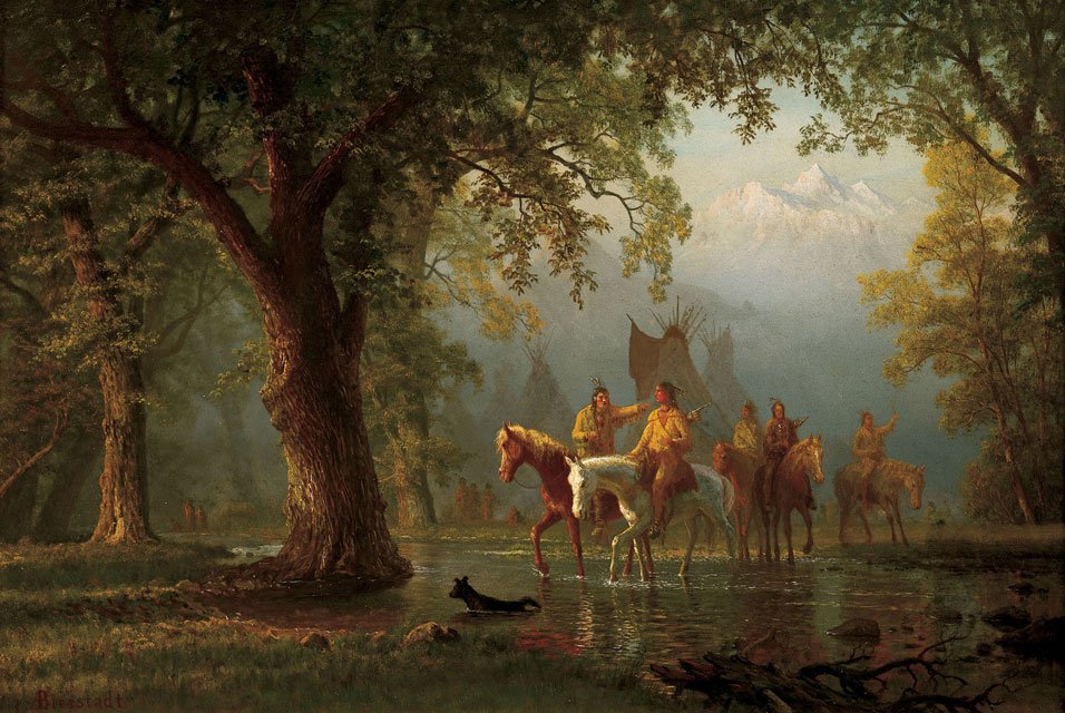 Vertrek van een Indiaanse oorlogspartij door Albert Bierstadt