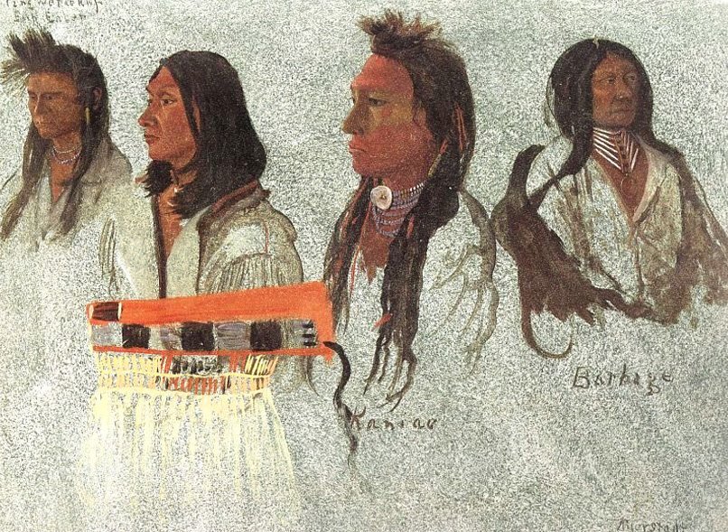 Vier indianen, schets door Albert Bierstadt